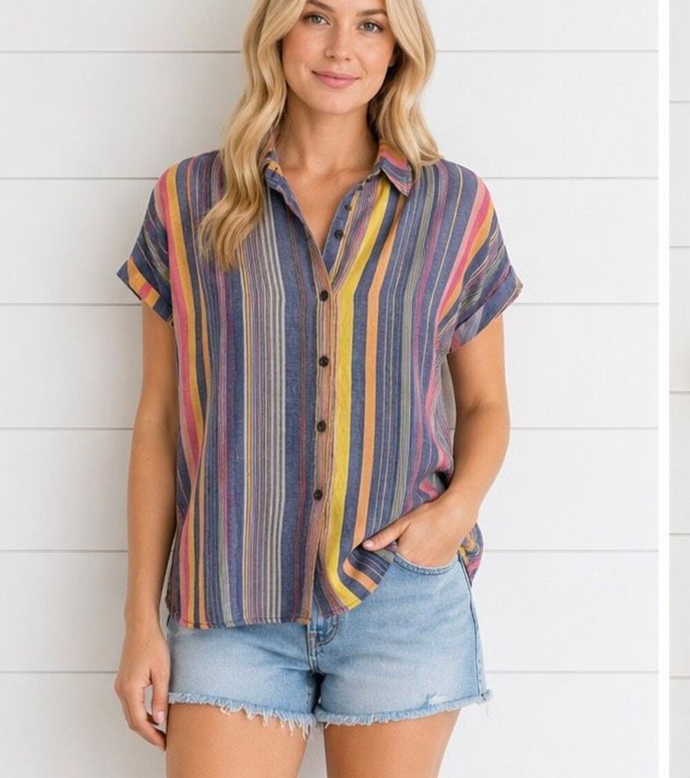 Marine Layer linen blend colorful striped button down M